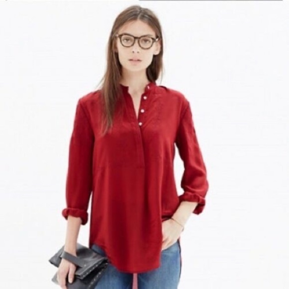 Madewell embroidered red ballad silk tunic top